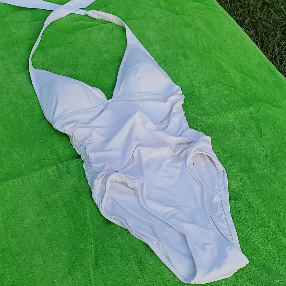 VINTAGE DKNY White One-Piece Halter Neck Swimsuit 10